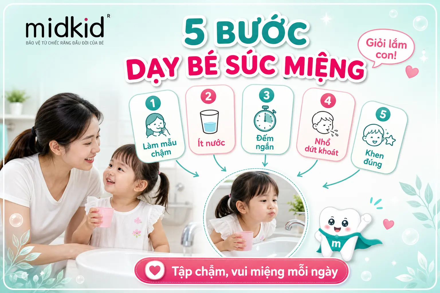 5 bước dạy bé súc miệng đúng cách