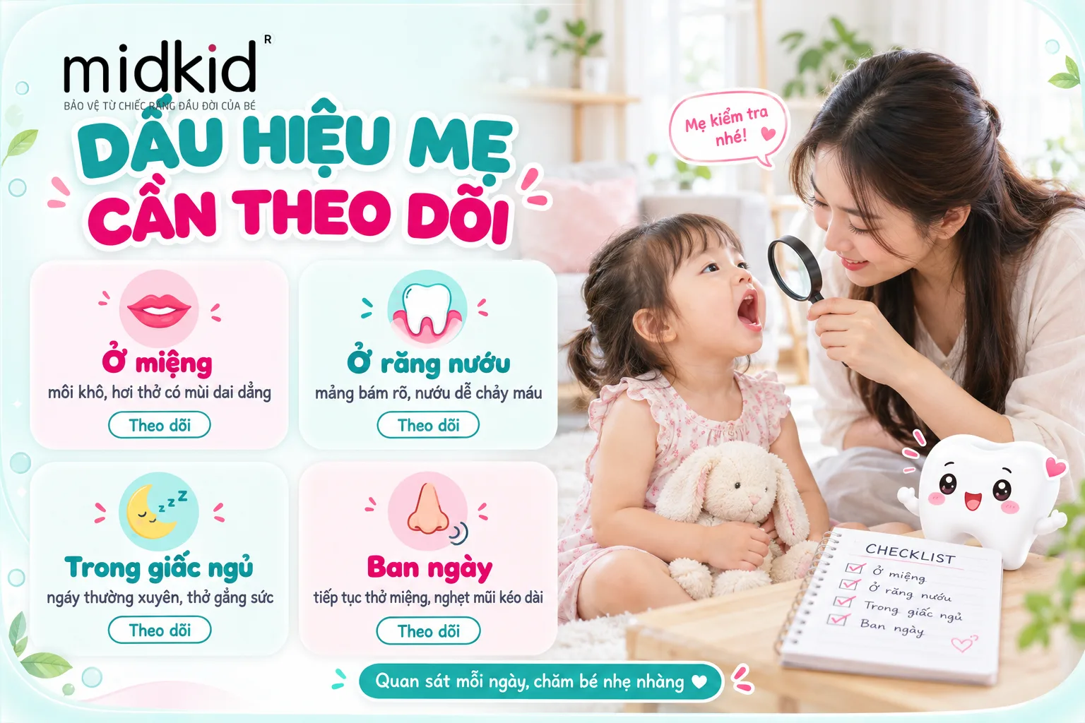 Dấu hiệu mẹ cần theo dõi khi bé thở miệng: ở miệng, răng nướu, giấc ngủ, ban ngày