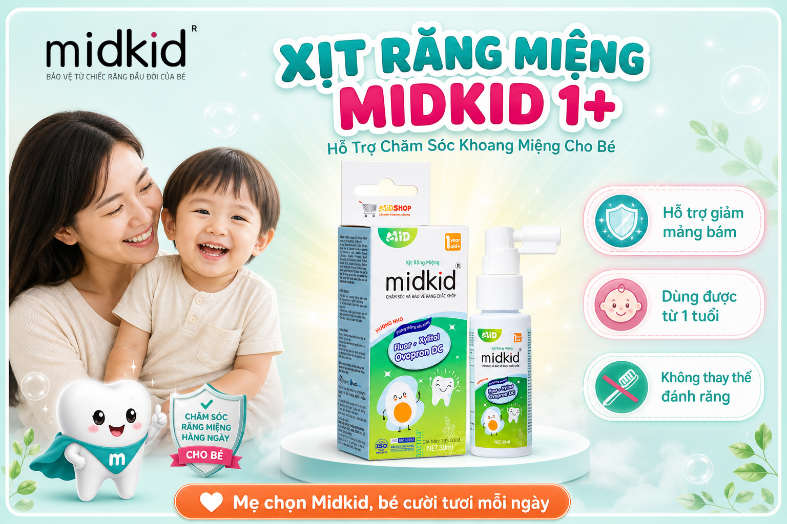Xịt Răng Miệng Midkid 1+ hỗ trợ chăm sóc khoang miệng cho bé