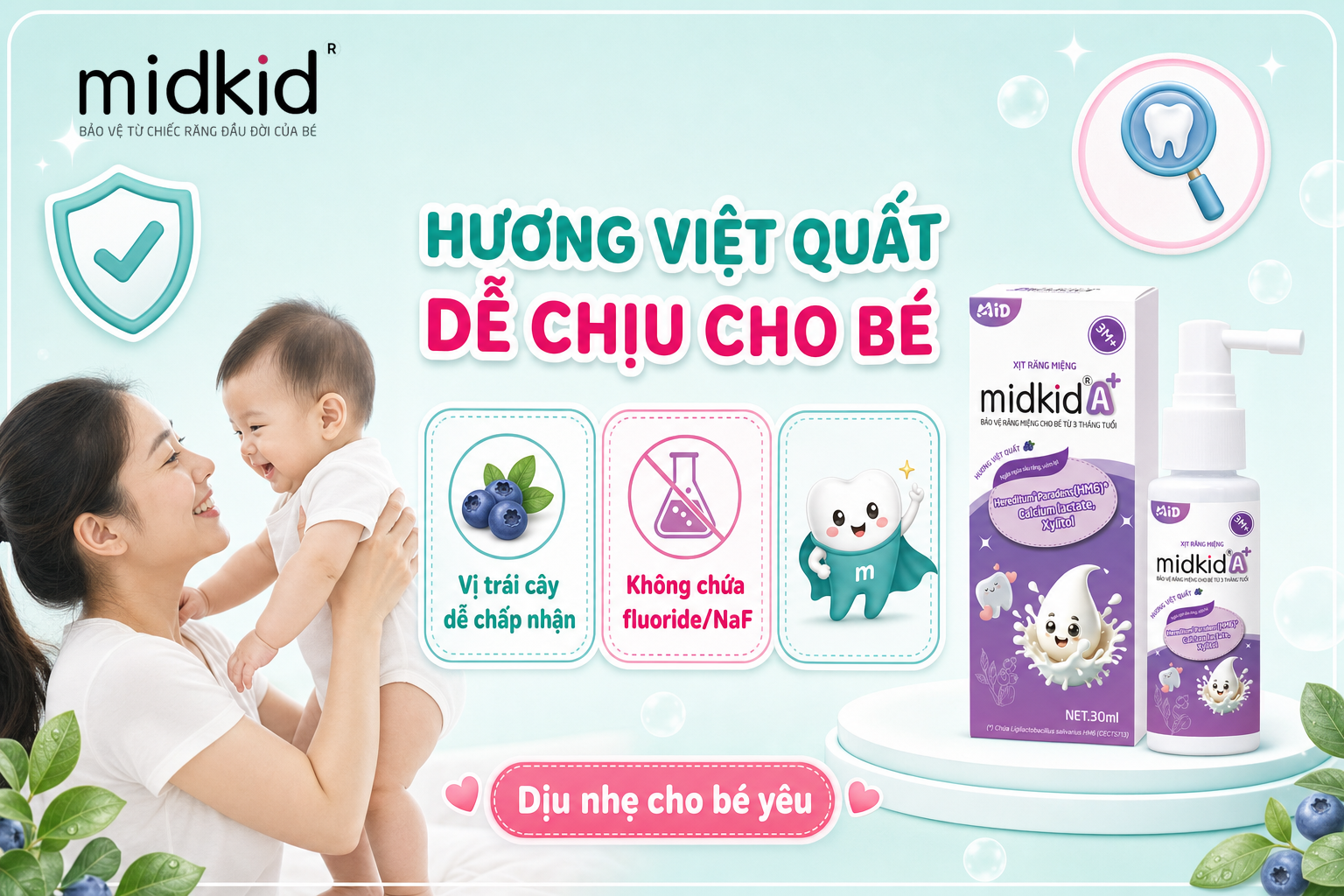 Xịt Midkid A+ Việt Quất: Hương Vị Dễ Chịu Cho Bé