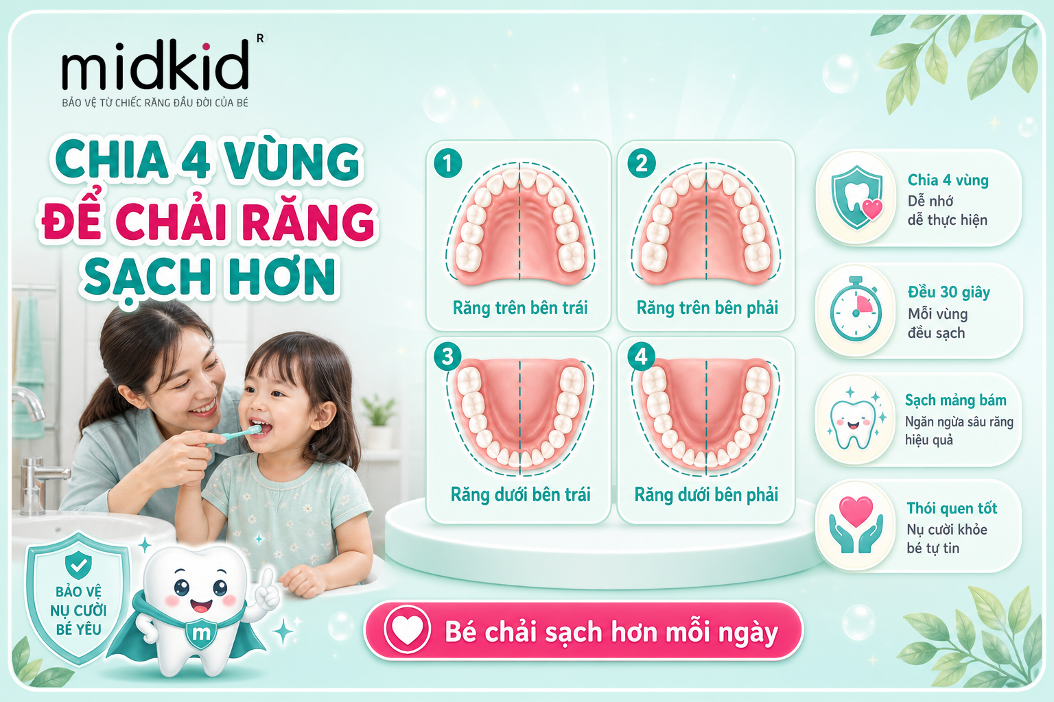 Chia 4 vùng để chải răng sạch hơn cho bé