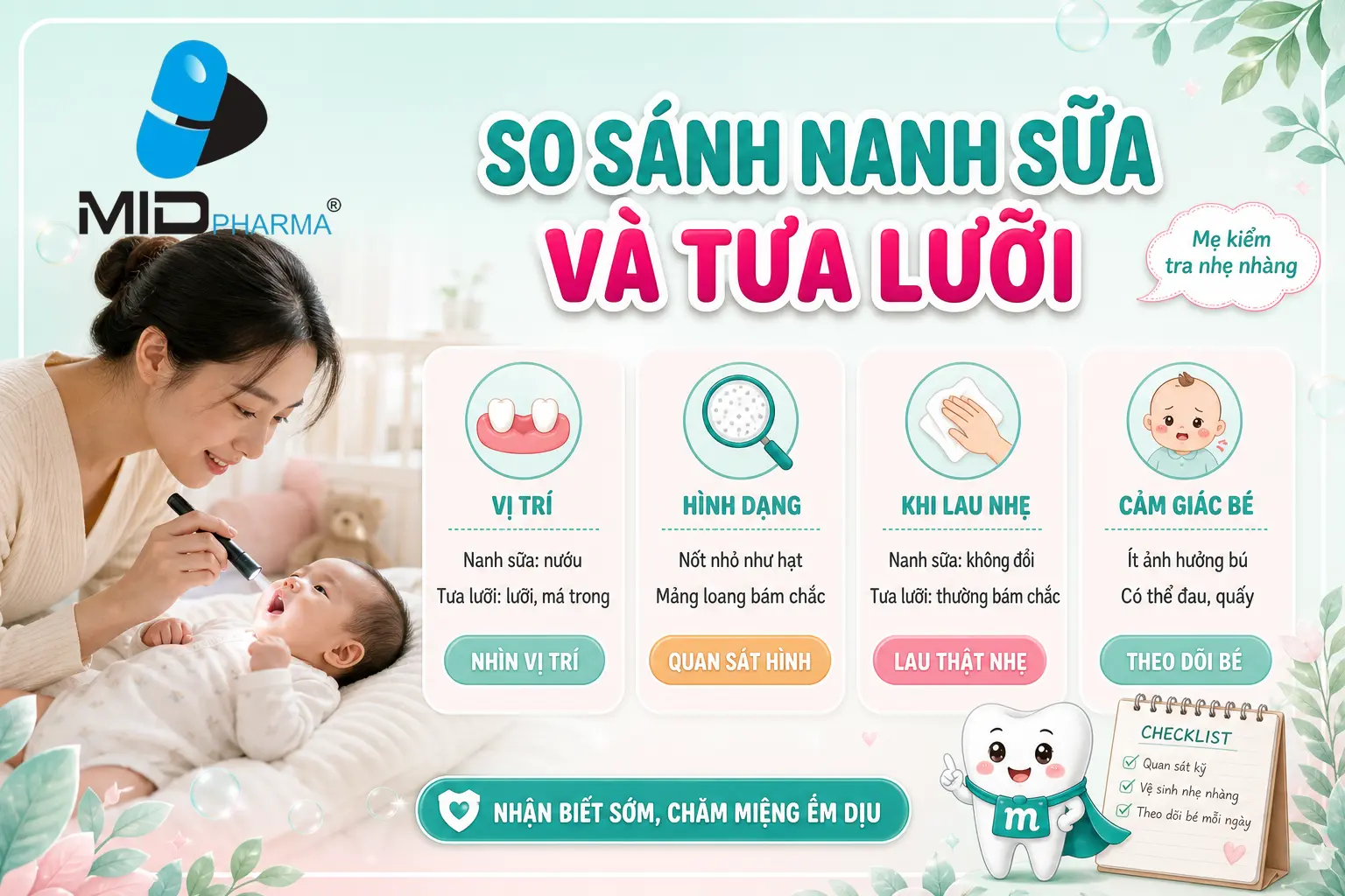 Bảng so sánh nanh sữa và tưa lưỡi theo vị trí, hình dạng, cảm giác bé