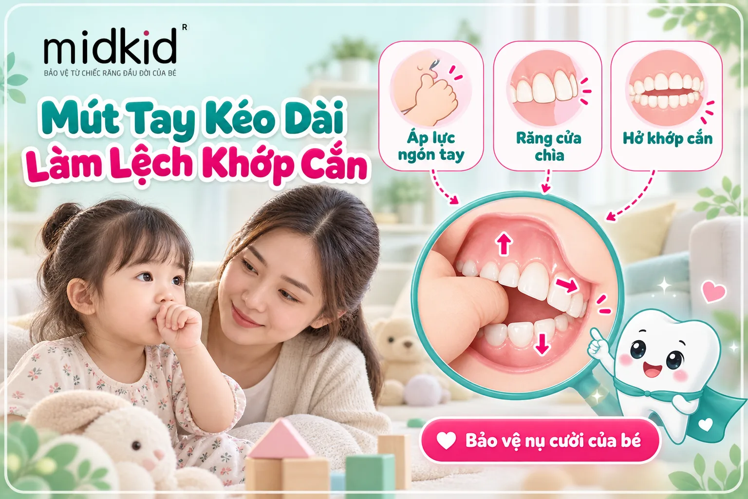 Mút tay kéo dài làm lệch khớp cắn - áp lực ngón tay lên răng cửa
