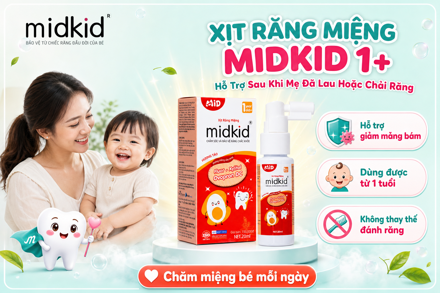 Xịt Răng Miệng Midkid 1+ hỗ trợ sau khi mẹ đã lau hoặc chải răng cho bé