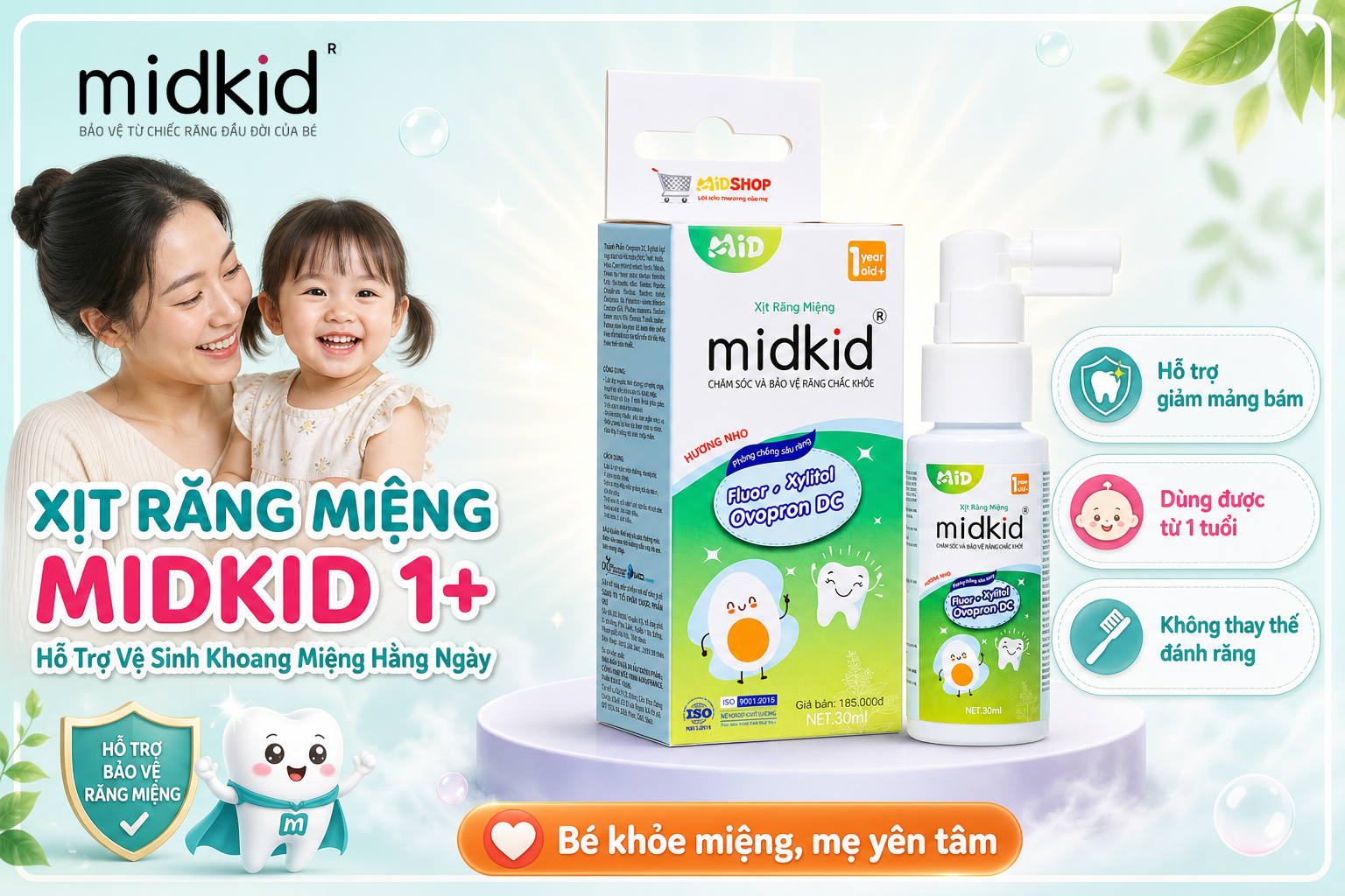 Xịt Răng Miệng Midkid 1+ hỗ trợ vệ sinh khoang miệng hằng ngày cho bé