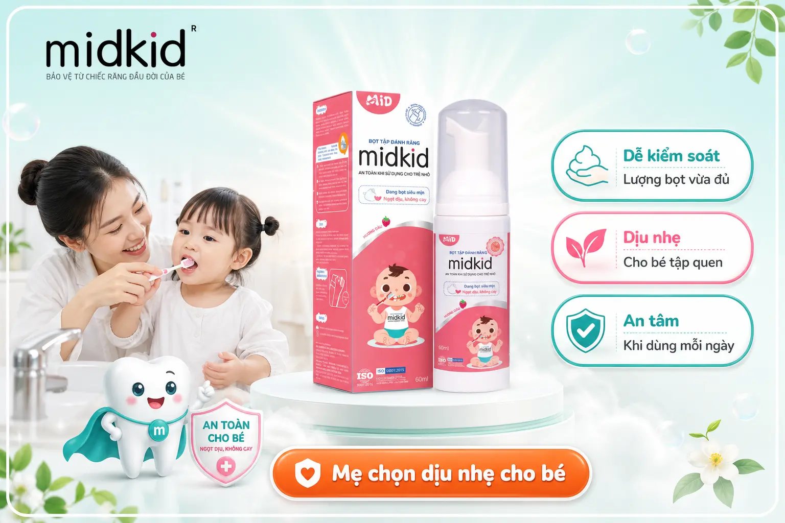 Bọt tập đánh răng Midkid dịu nhẹ, mẹ dễ kiểm soát lượng dùng