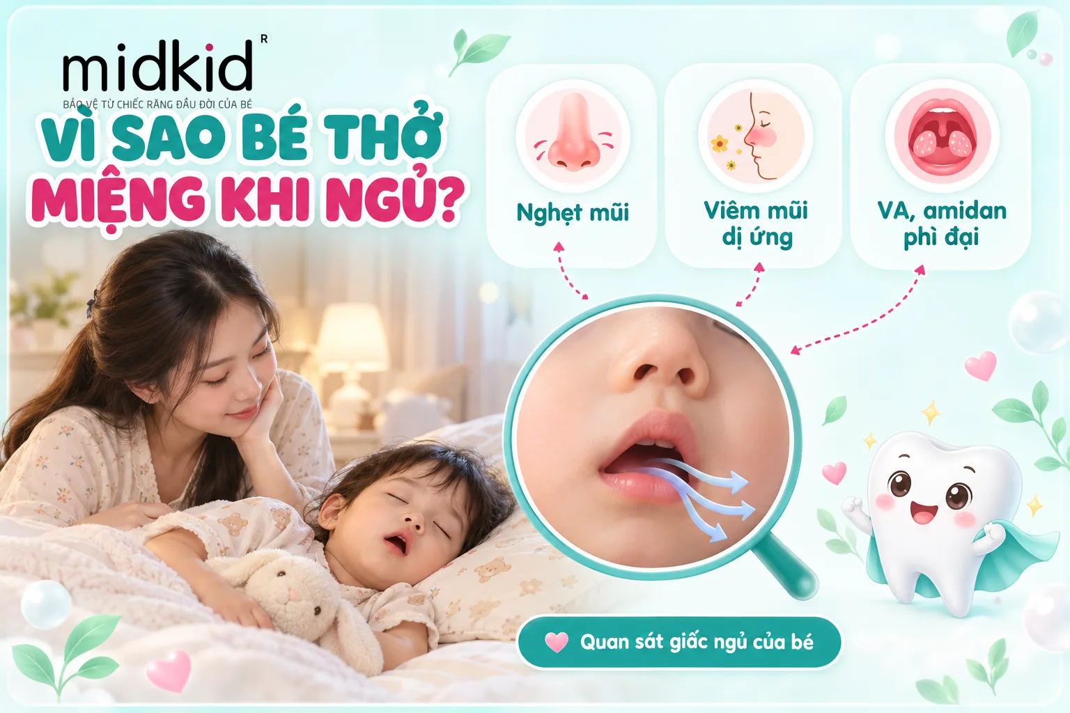 Vì sao bé thở bằng miệng khi ngủ: nghẹt mũi, viêm mũi dị ứng, VA amidan phì đại