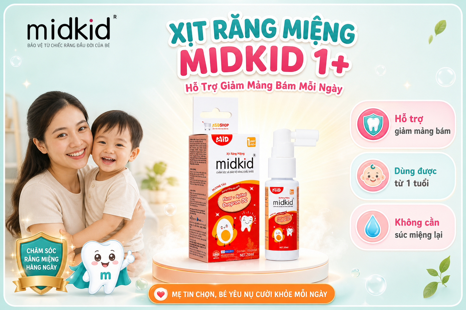 Xịt Răng Miệng Midkid 1+ hỗ trợ giảm mảng bám mỗi ngày