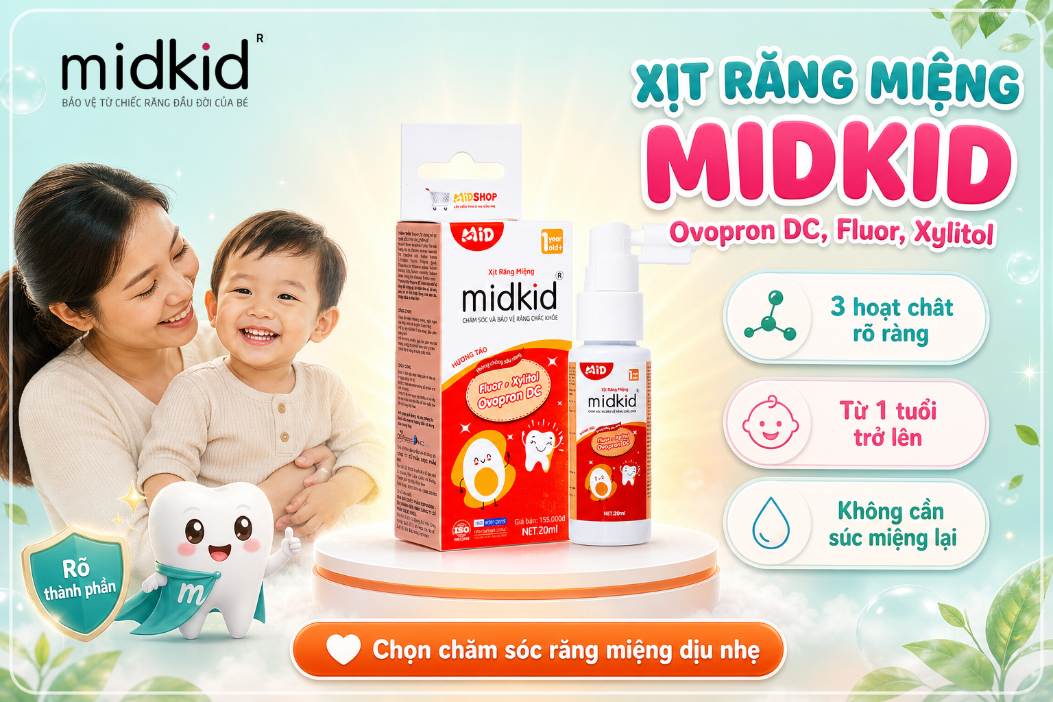 Xịt Răng Miệng Midkid vị Táo, hộp và chai sản phẩm