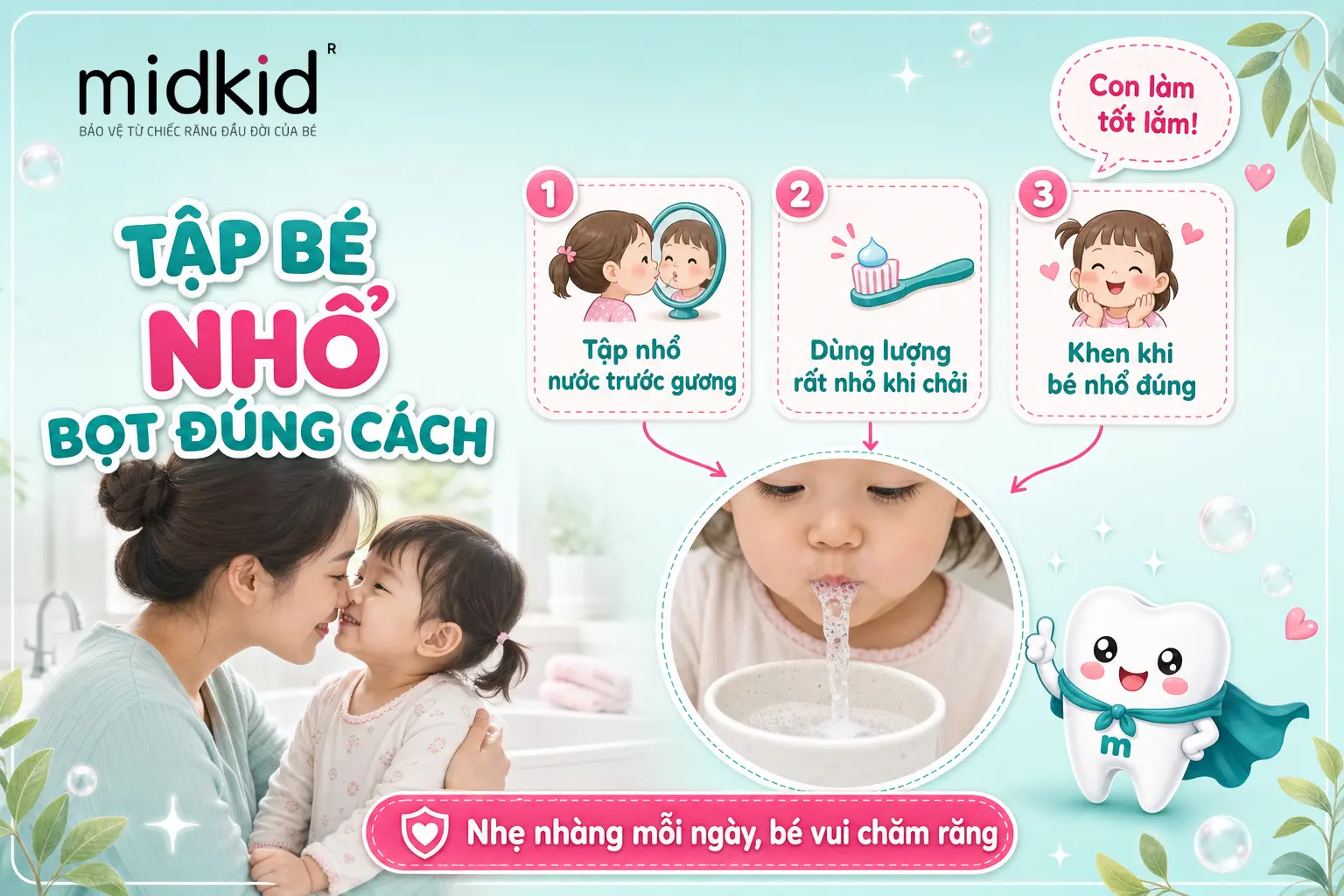 Tập bé nhổ bọt đánh răng đúng cách