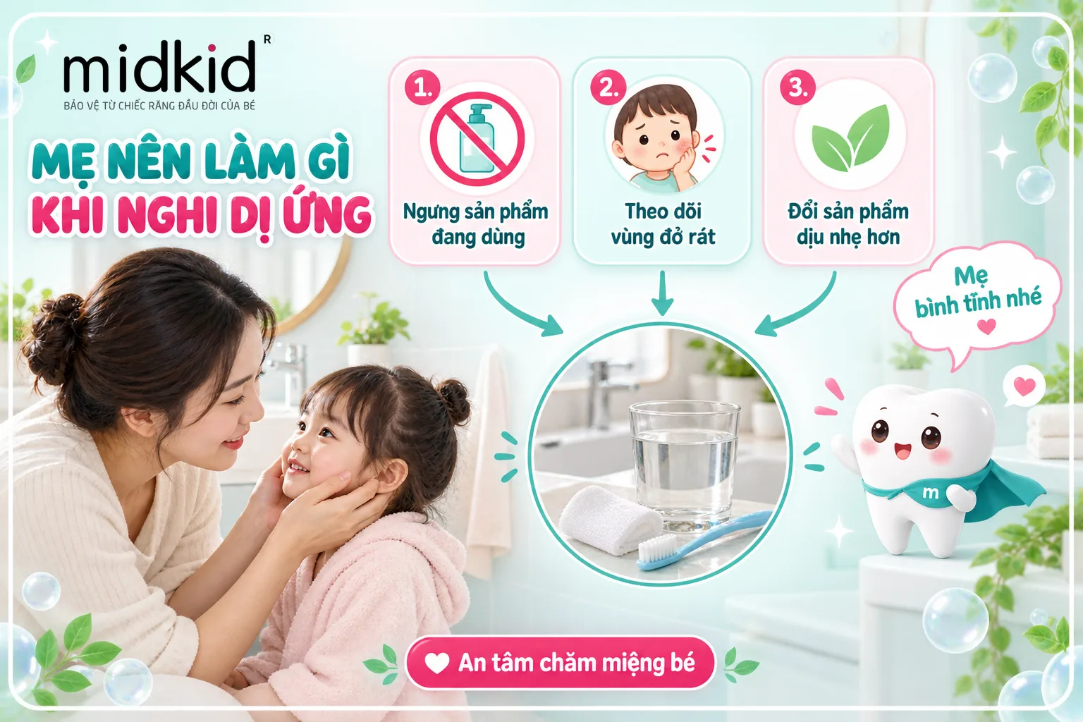 Mẹ nên làm gì khi nghi bé dị ứng kem đánh răng: ngưng sản phẩm, theo dõi, đổi sản phẩm dịu nhẹ