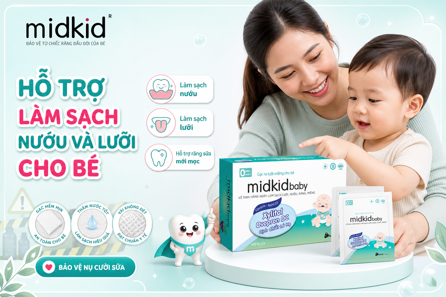 Gạc Midkidbaby hỗ trợ làm sạch nướu và lưỡi cho bé