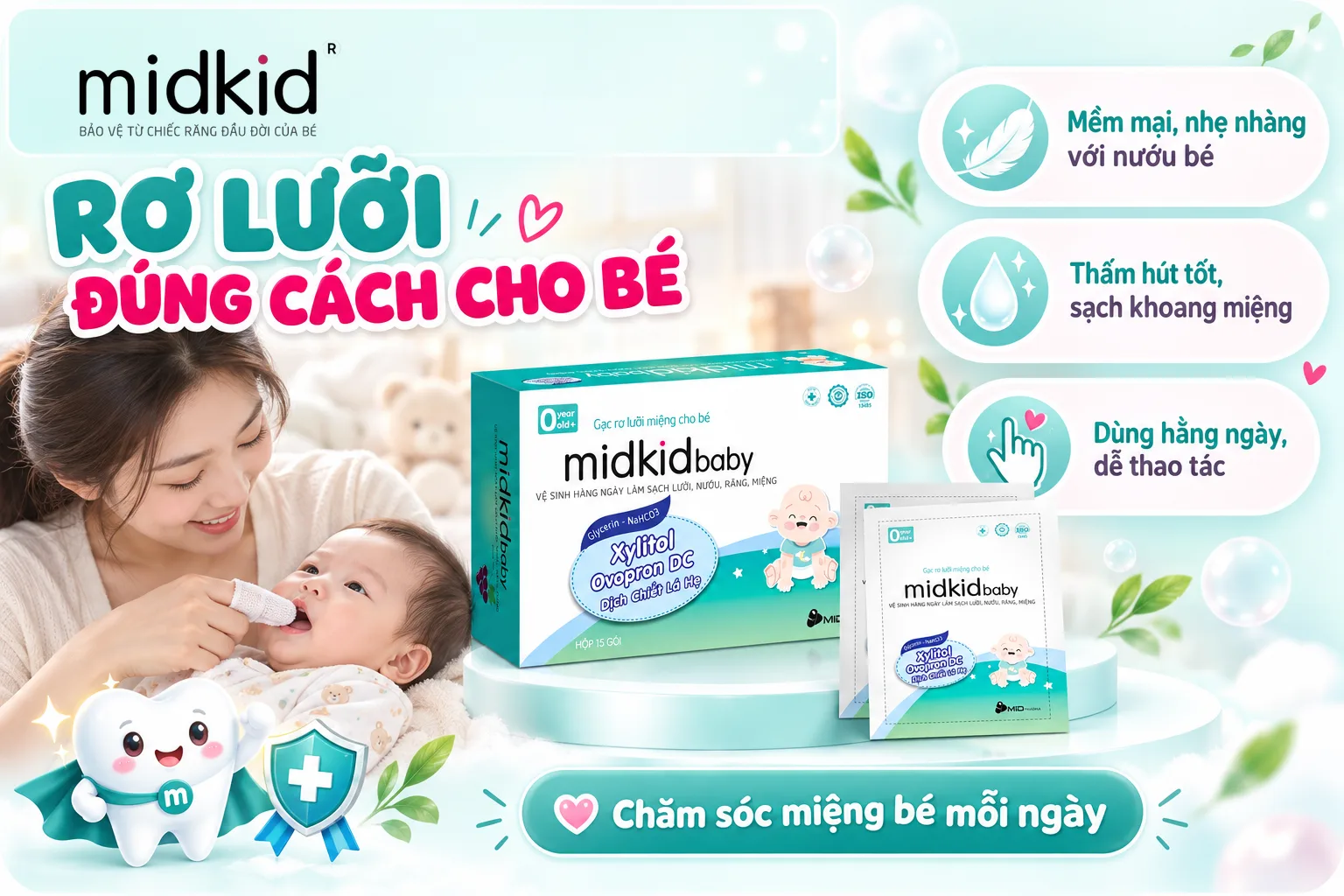 Hướng dẫn rơ lưỡi đúng cách cho bé bằng gạc MidkidBaby