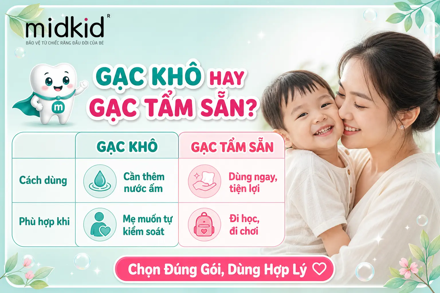 Gạc khô hay gạc tẩm sẵn cho bé 2 tuổi