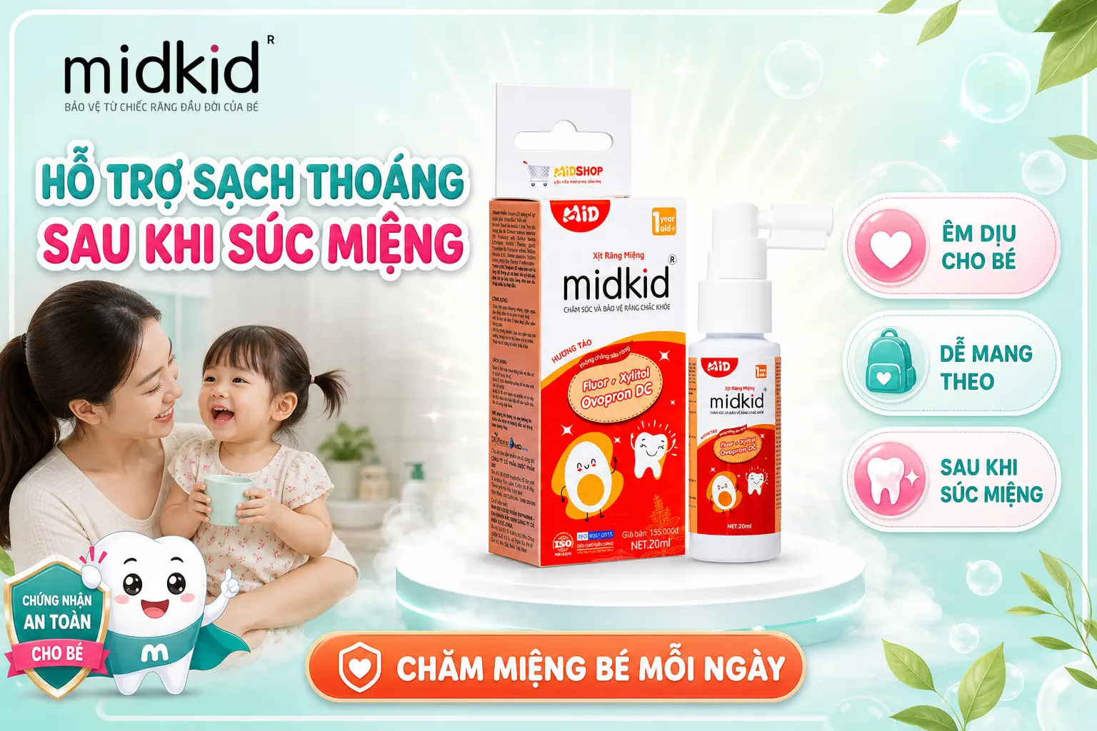 Xịt Răng Miệng Midkid hỗ trợ sạch thoáng sau khi súc miệng