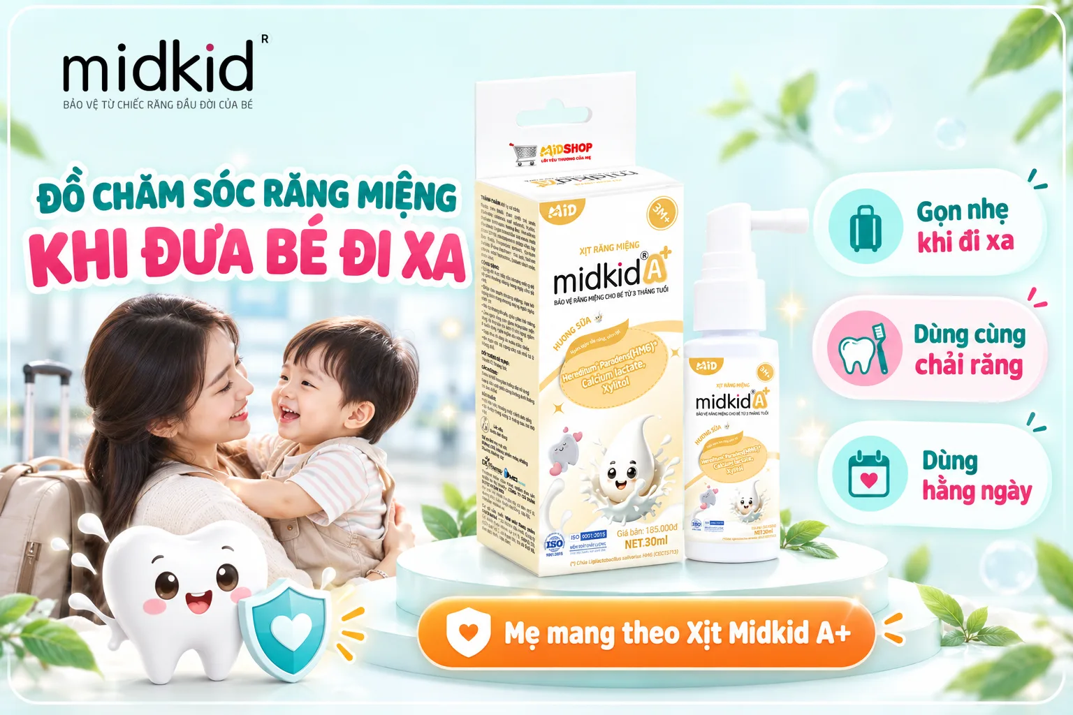 Xịt Răng Miệng Midkid A+ gọn nhẹ khi đưa bé đi xa