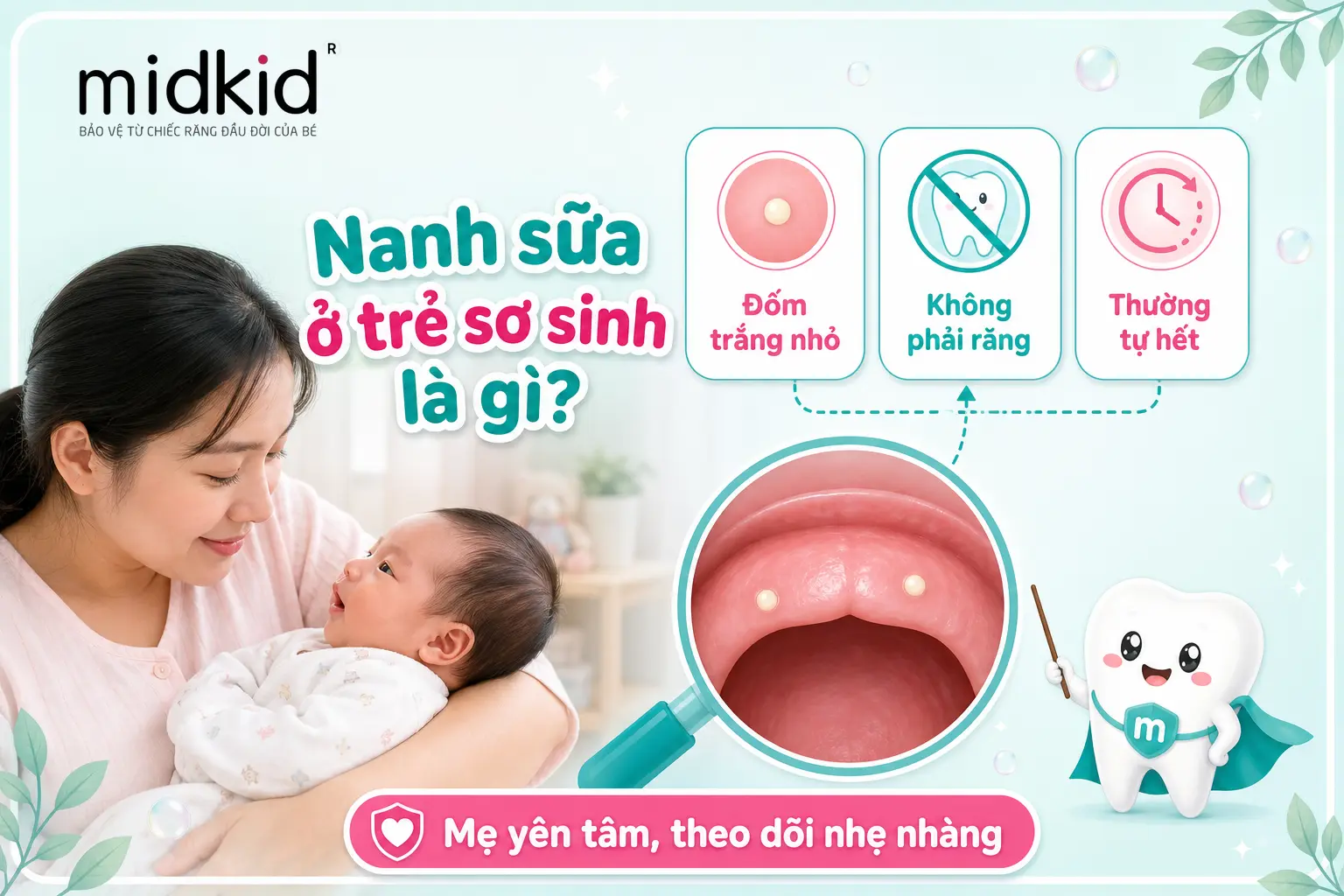 Đốm trắng nhỏ trên lợi bé, không phải răng, thường tự hết