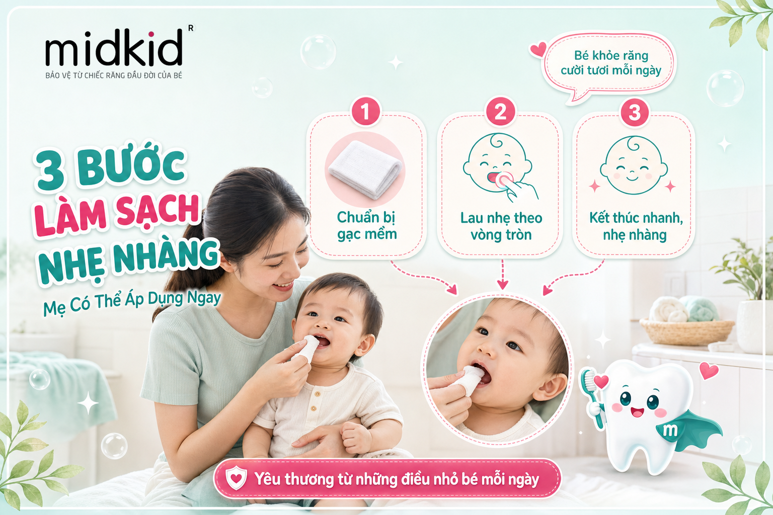 3 bước làm sạch răng nhẹ nhàng cho bé chưa biết đánh răng