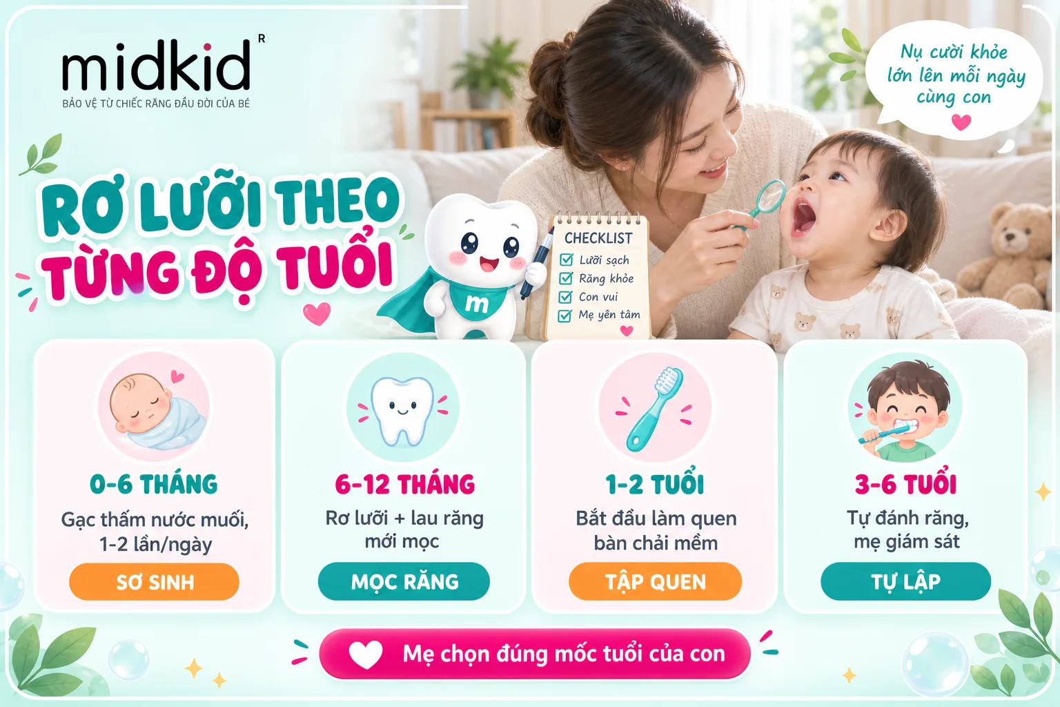 Cách rơ lưỡi cho bé thay đổi theo từng độ tuổi từ sơ sinh đến 6 tuổi