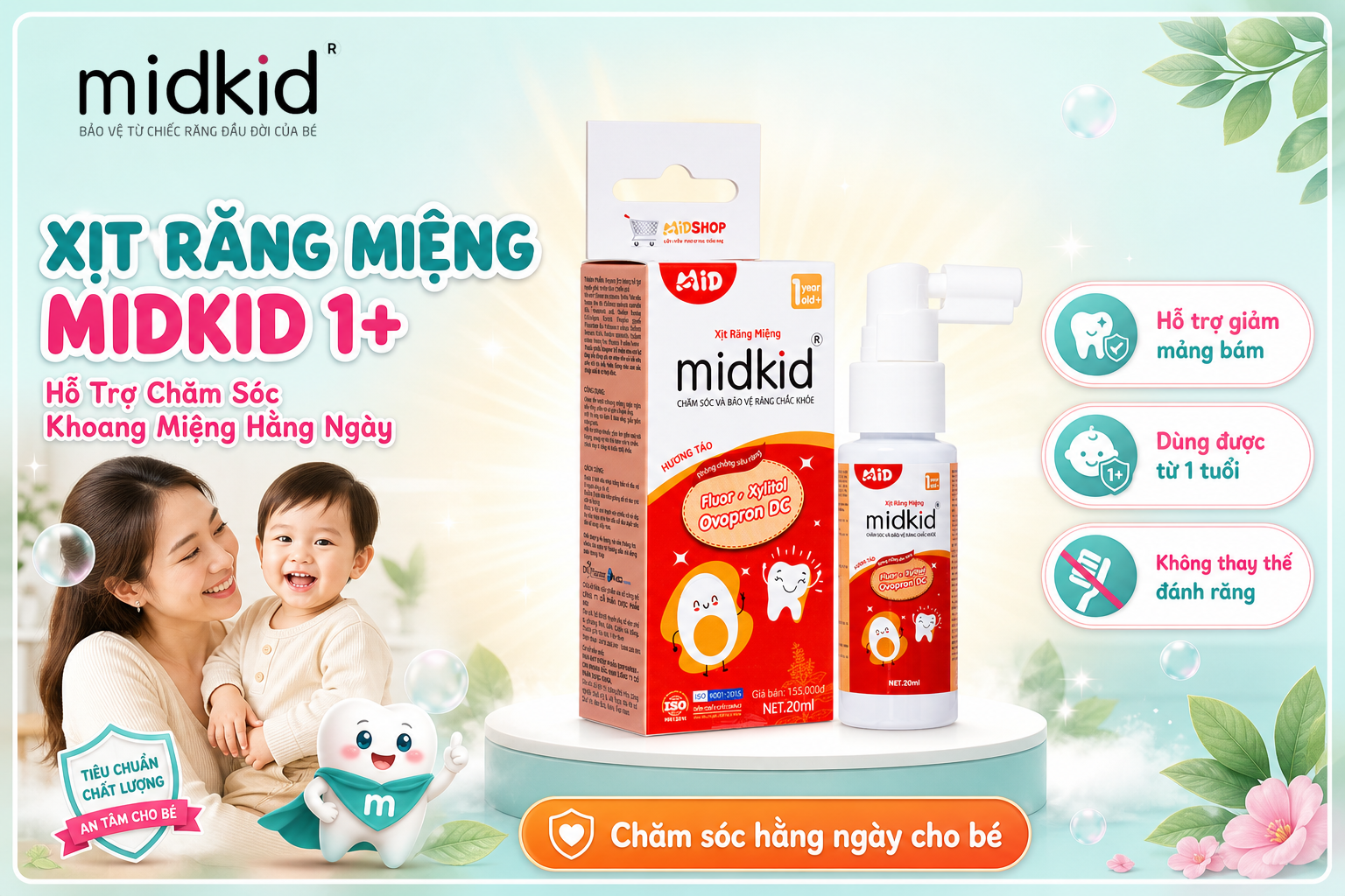 Xịt Răng Miệng Midkid 1+ hỗ trợ chăm sóc khoang miệng hằng ngày cho bé