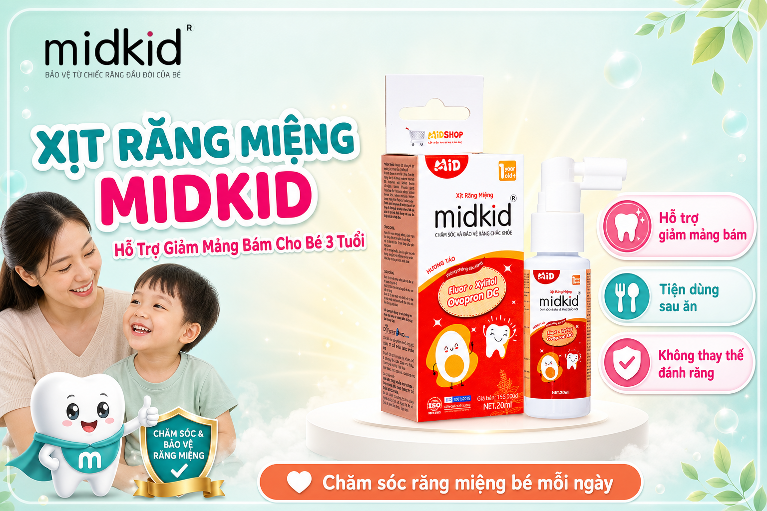 Xịt Răng Miệng Midkid cho bé 3 tuổi, hỗ trợ giảm mảng bám